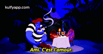 a cartoon of a genie smoking a cigarette with the words ami c'est l' amour