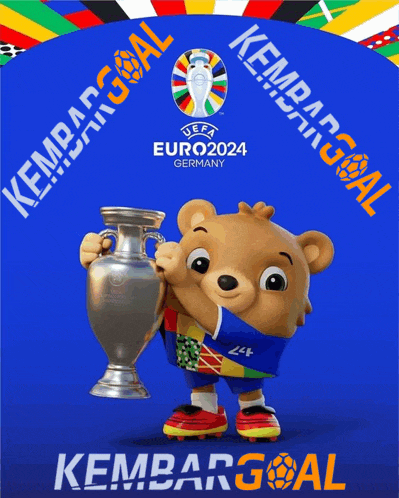 a teddy bear is holding a trophy in front of a blue background that says kembar goal
