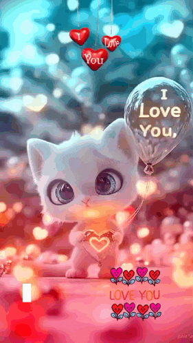 a cat is holding a heart and a balloon that says " i love you "