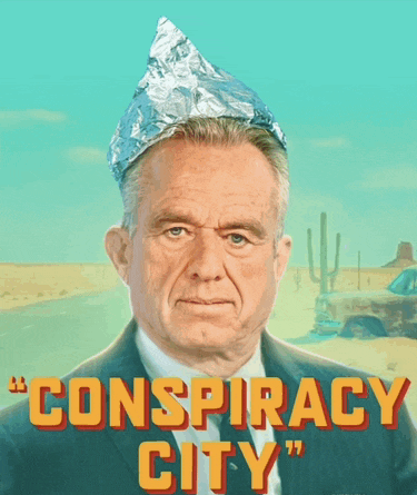 a man wearing a tin foil hat with the words conspiracy city written below him