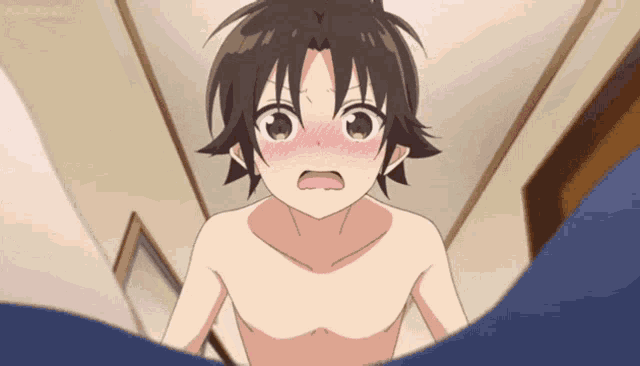 a shirtless anime character with his eyes closed and his mouth open