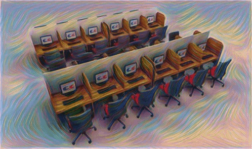 a row of computer cubicles with the letters cc on the screen