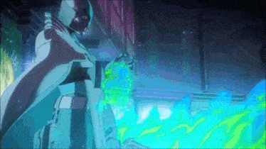 a man in a white cape is standing in a dark room holding a green glowing object