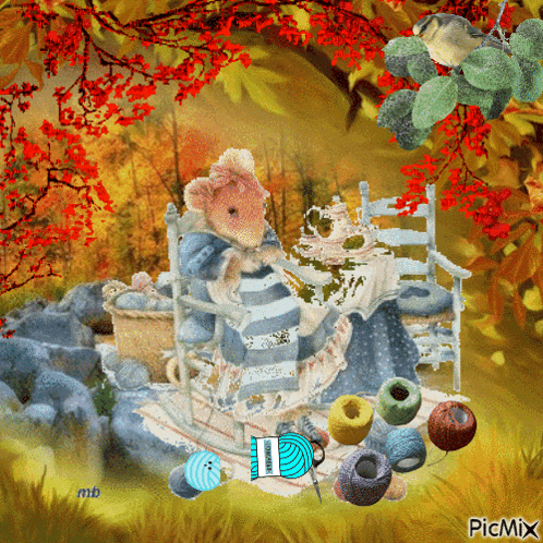 a picture of a teddy bear sitting in a rocking chair surrounded by yarn and yarn balls with the caption picmix
