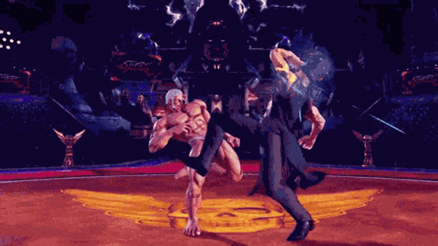 a pixelated image of a man kicking another man in a wrestling match