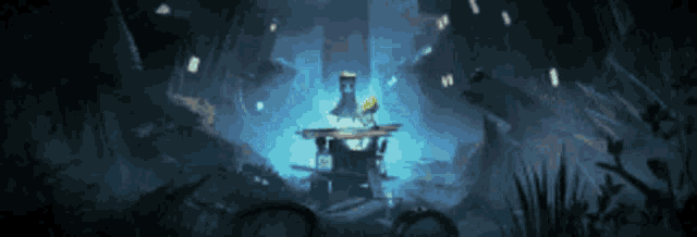 a video game scene with a person standing on a platform in the middle of a cave .
