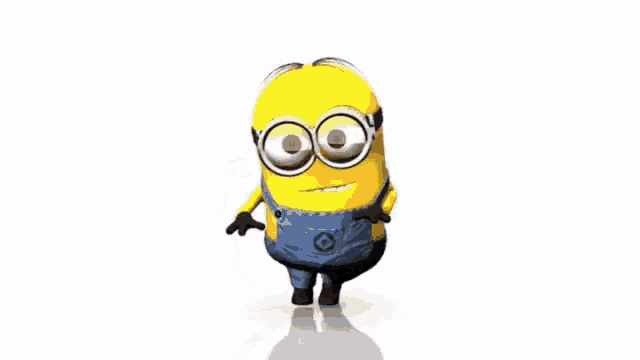 a cartoon minion with big eyes is standing on a white background .