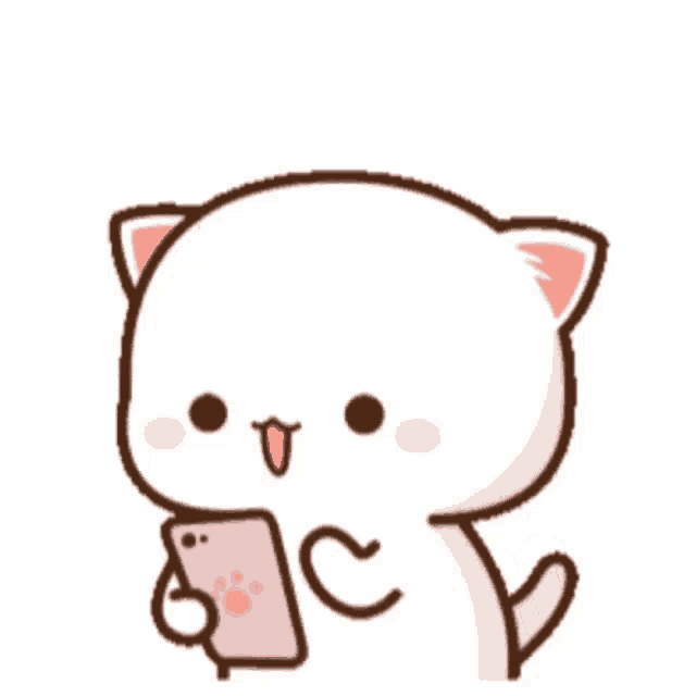 a cartoon cat is holding a pink cell phone with three red hearts above it
