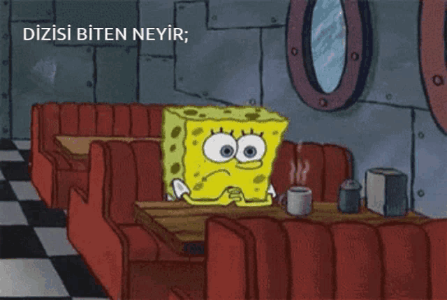 a cartoon of spongebob sitting at a table with the words dizisi biten neyir below him