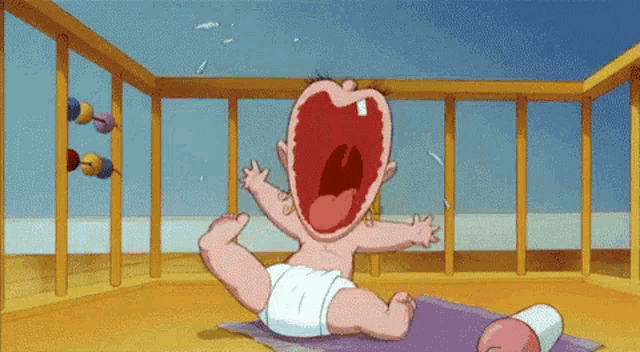 a cartoon baby is crying in a crib with his mouth open