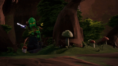 a ninjago character is flying through the air with a sword in his hand