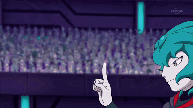 a cartoon character giving a thumbs up in front of a crowd with a bs japan logo in the corner