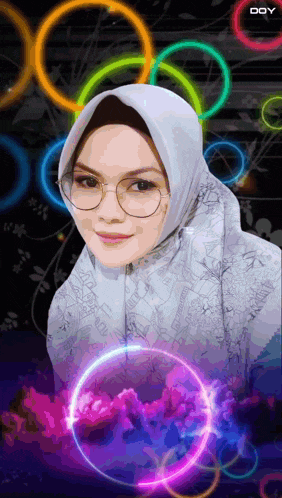 a woman wearing a hijab and glasses is surrounded by glowing circles and the letters doy on the bottom