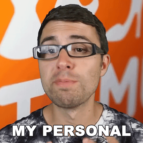 a man with glasses says my personal in front of an orange background