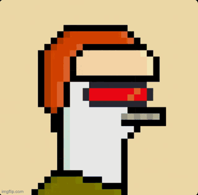 a pixel art of a person with a purple hat and a green tail