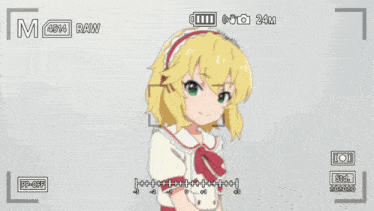 a girl with blonde hair and green eyes is wearing a red and white dress