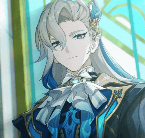 a man with long white hair is wearing a blue and white outfit