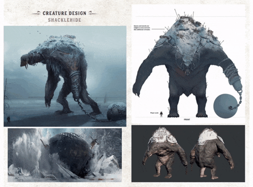 a book is open to a page that says creature design shacklehide on it