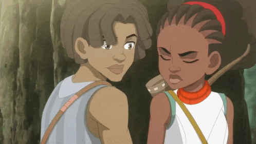 a boy and a girl are standing next to each other in a cartoon