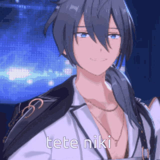 a close up of a cartoon character with the words tete niki written on the bottom