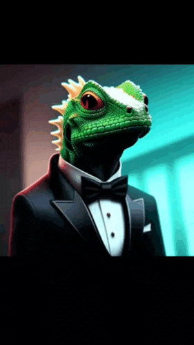 a lizard in a tuxedo with a bow tie