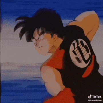 a cartoon of a man in a red and black shirt with a dragon ball z logo on his back .