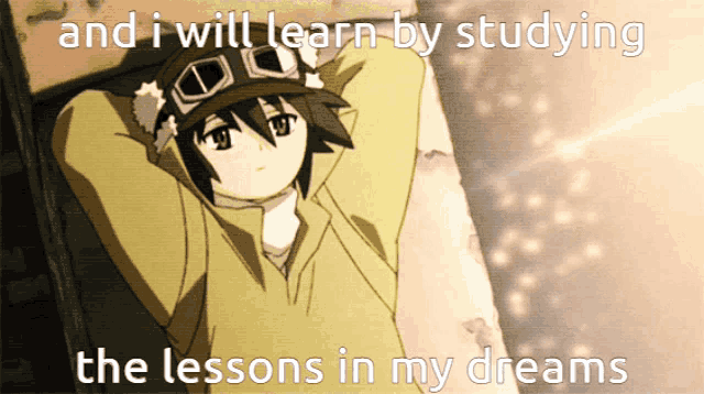 a cartoon of a boy with the words " and i will learn by studying the lessons in my dreams " below him