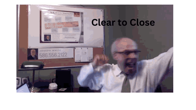 a man in a white shirt and tie is screaming in front of a bulletin board that says clear to close