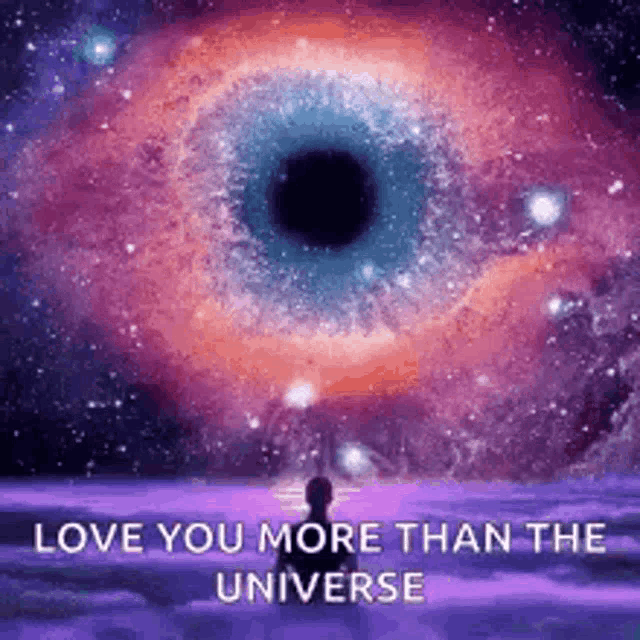 a person is standing in front of a galaxy with a black hole in the middle .