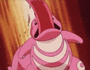 a close up of a pink cartoon character with a long tongue .