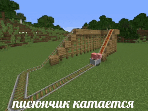 a picture of a roller coaster in a video game with russian writing on the bottom