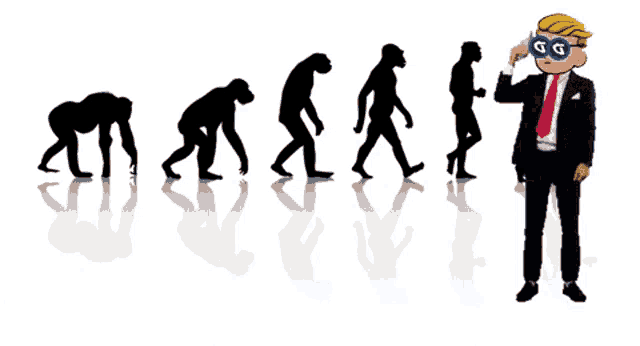 a cartoon of a man in a suit and tie looking through binoculars shows the evolution of man