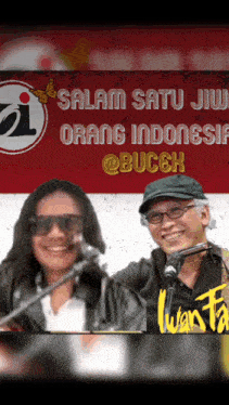 a man and a woman standing in front of microphones with the words " salam satu jiw orang indonesia @buc6k "