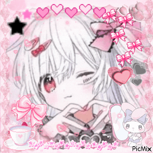 a girl with white hair and red eyes is making a heart shape with her hands