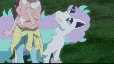 a girl in a pink shirt stands next to a white and purple pokemon