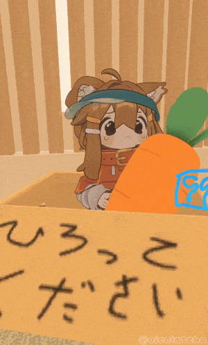 a cartoon character is holding a large orange carrot over her head and a sign that says ' a ' on it