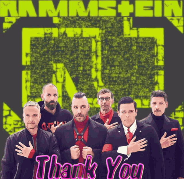 a group of men standing next to each other with the words thank you in pink letters