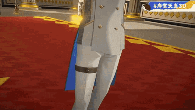 a man in a white suit is standing on a red carpet with a 3d logo behind him
