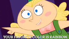 a cartoon character with the words " your favorite color is rainbow "