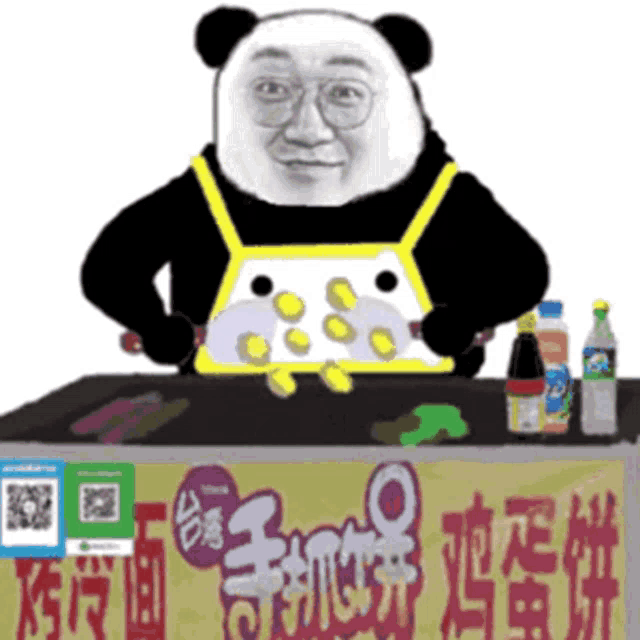 a panda wearing an apron is standing behind a table selling food