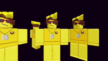 a yellow roblox character wearing sunglasses and a badge that says ' roblox ' on it