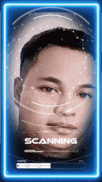 a man 's face is being scanned with the words scanning loading at the bottom