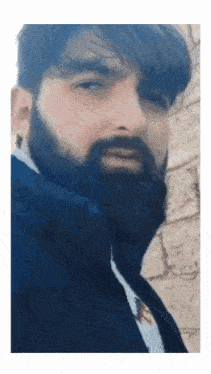 a man with a beard is standing in front of a brick wall and looking at the camera .