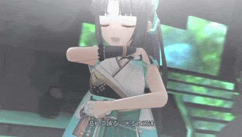 a girl in a green and white kimono is holding a sword