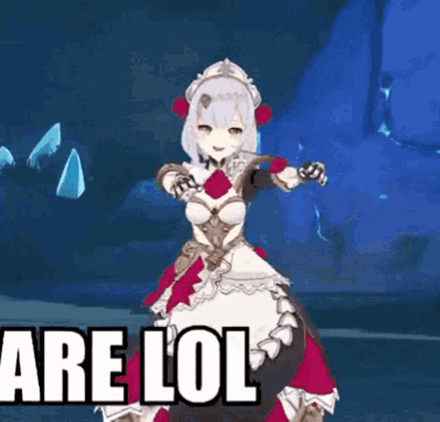a girl in a maid outfit is standing in front of a blue background with the words " are lol " written on it