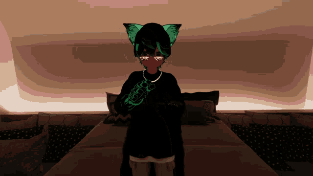 a person with green ears is standing in front of a bed with pillows