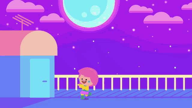 a cartoon girl with pink hair is standing on a balcony with a full moon in the background