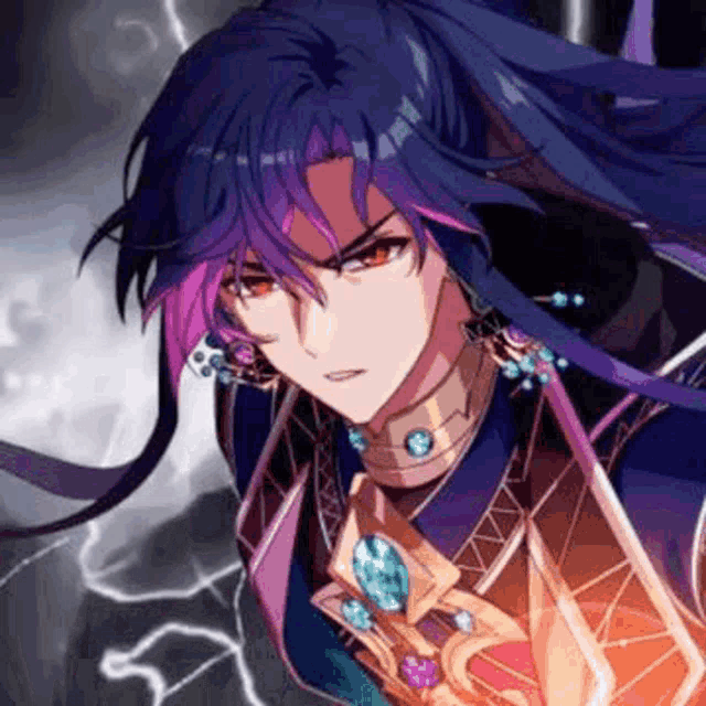 a man with long purple hair and red eyes is holding a sword in a video game .