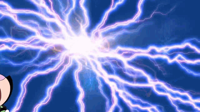 a cartoon character is standing in front of a bunch of lightning .