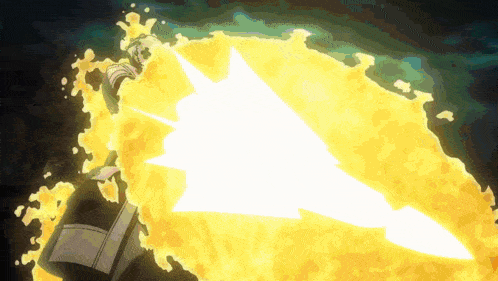 a person is standing in front of a large explosion with a white triangle coming out of it